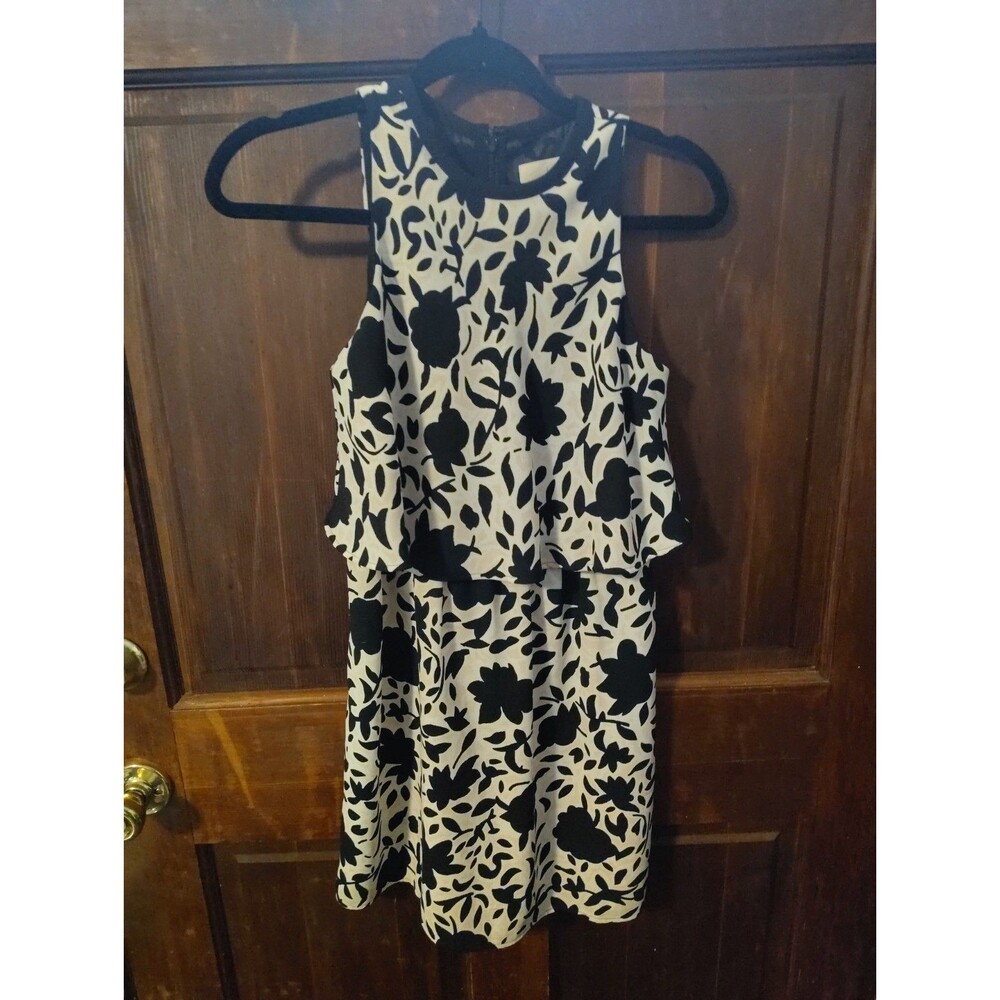 NWT LOFT 0P Floral Print Layered Open Back Dress black White Cream Sleeveless